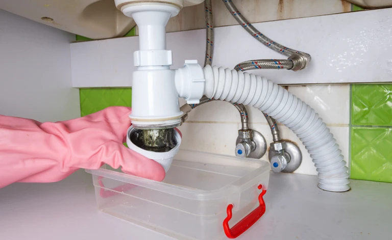 a person removes the P-trap of a clogged drain of a bathroom sink