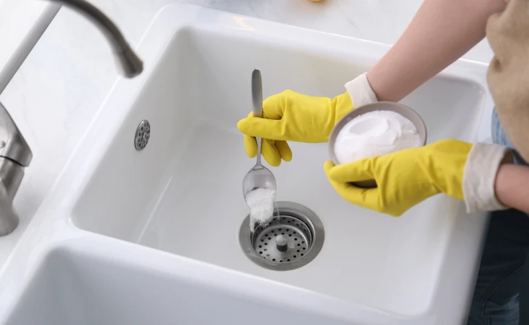 A woman uses baking soda to unclog a kitchen sink drain