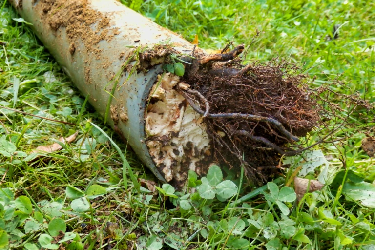 Close-up of a damaged sewer pipe on grass, with a dense mass of tree roots growing through the broken end