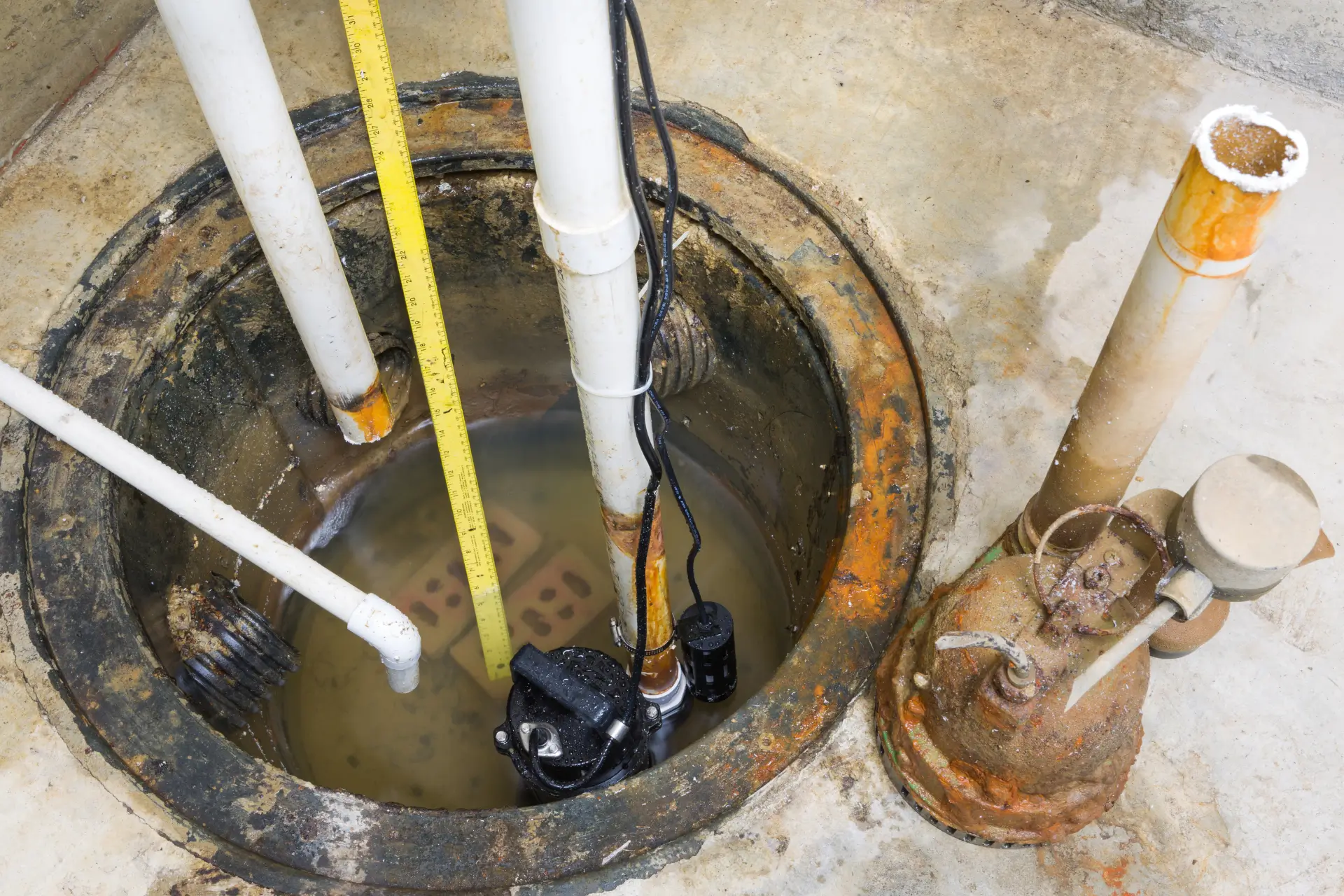 A dirty sump pump pit with standing water that needs proper cleaning