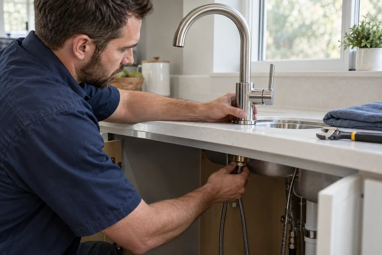 A plumber steadying a kitchen faucet while securing its mounting hardware beneath the counter.