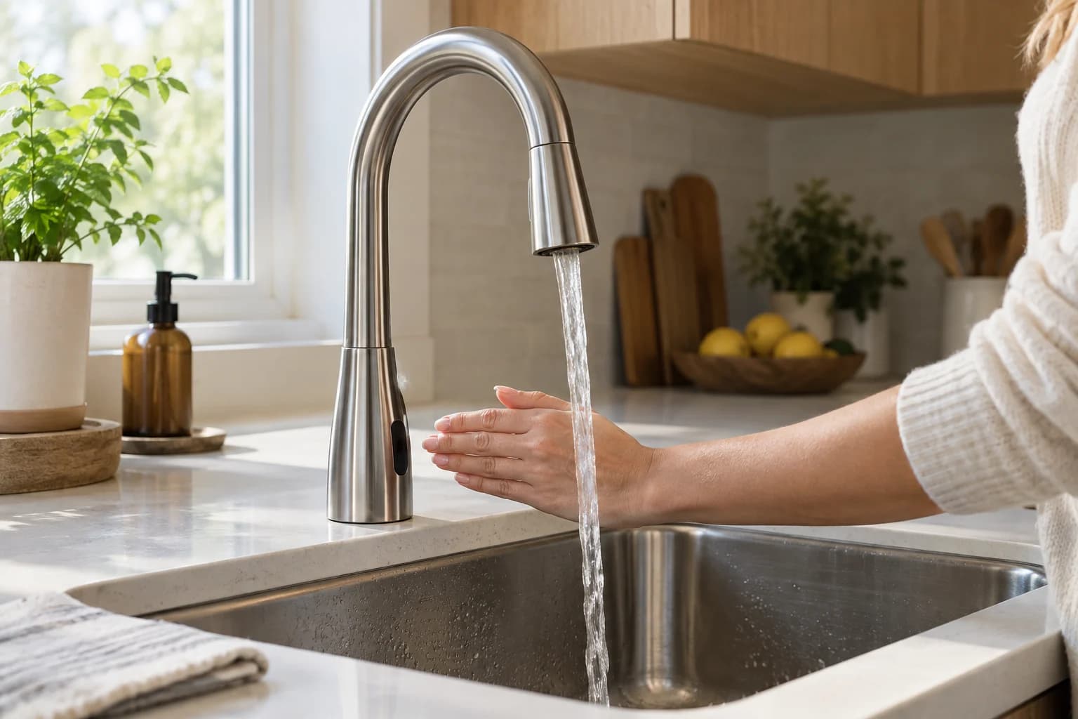 A hand held beside the sensor of a stainless-steel kitchen faucet as water flows into the sink.