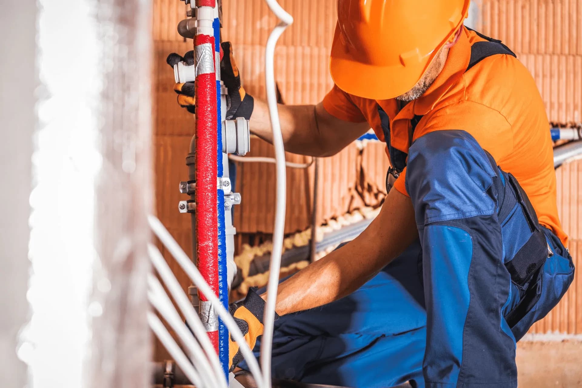 A plumber wearing a jumpsuit and an orange hard hat 