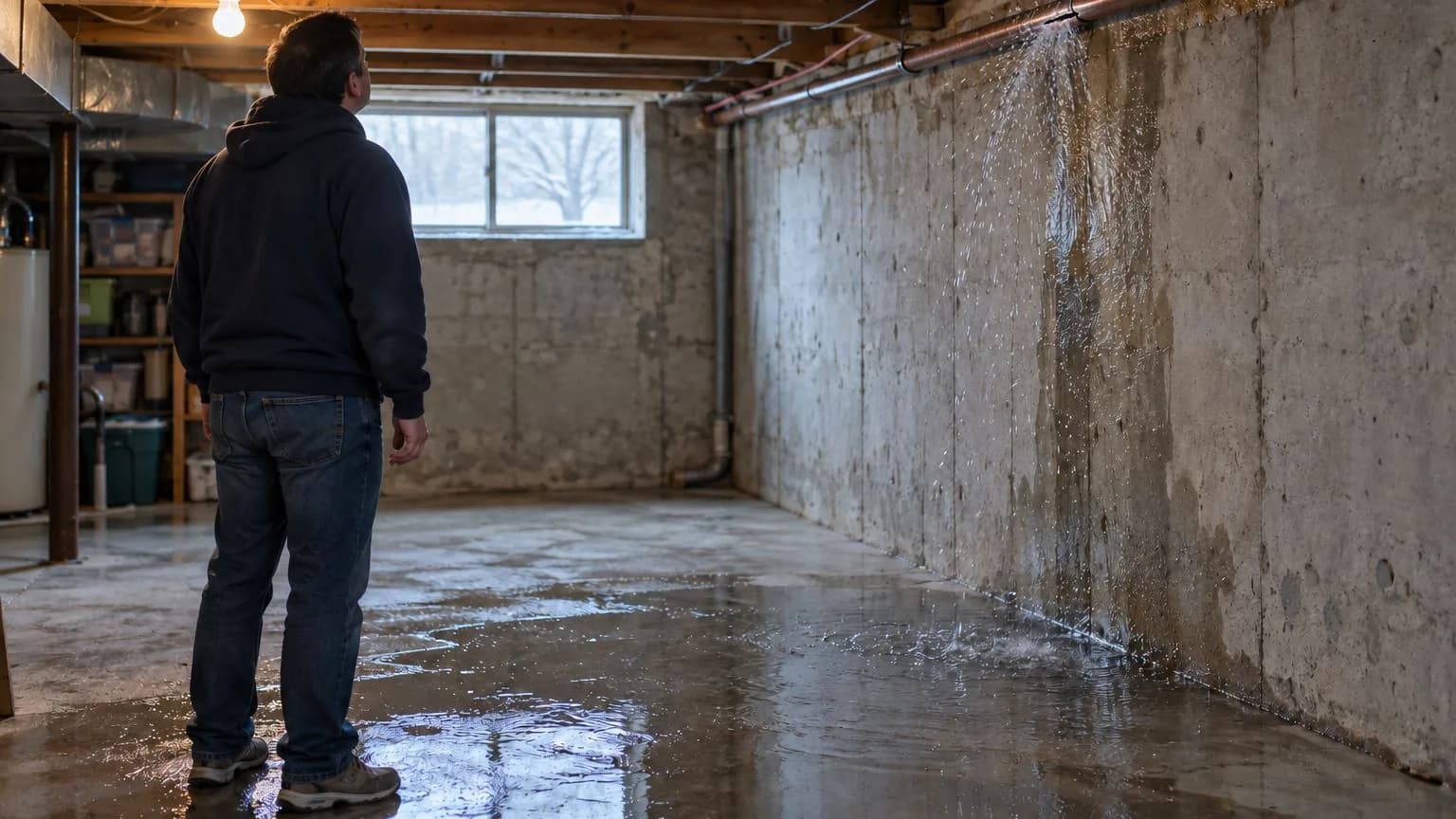 A man in a basement looks up at water spraying from a split copper pipe onto the wet concrete floor.