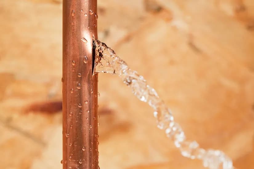 Water spraying from a split in a copper pipe.