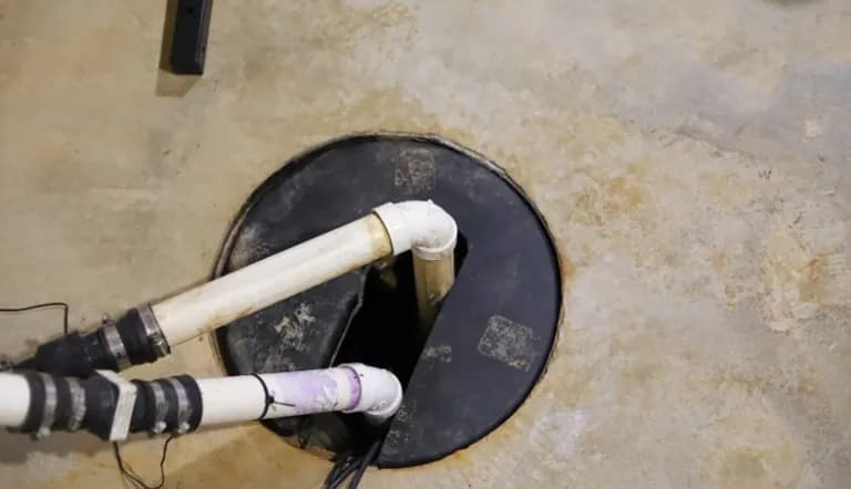 A covered sump pump on the basement floor