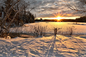 A winter scene at sunset