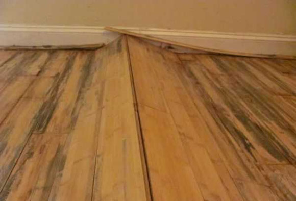 Close up of water-damaged wooden flooring