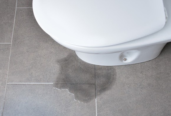 Top image of a puddle forming at the base of the toilet due to leakage