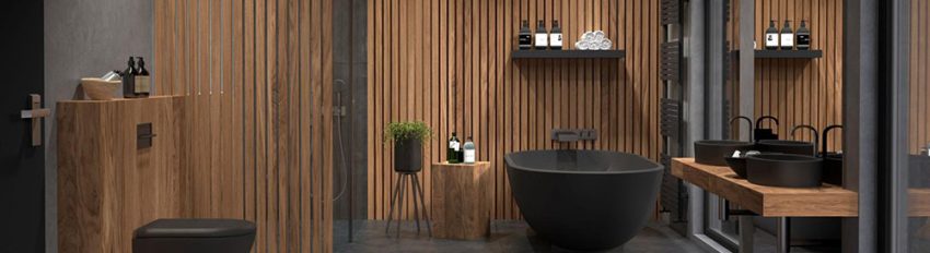 Dark gray bathroom with wood accents