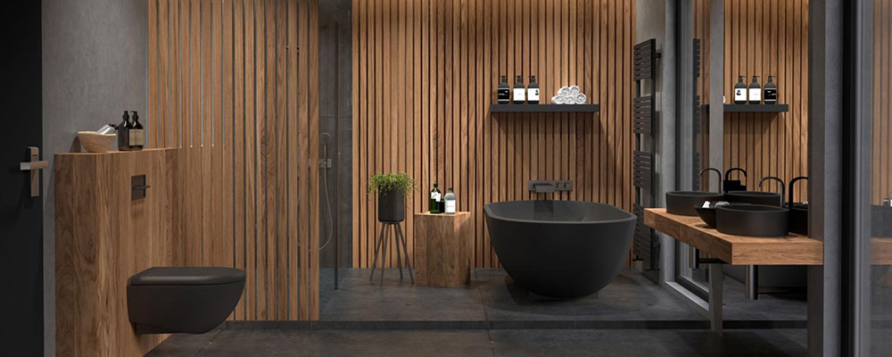 Dark gray bathroom with wood accents