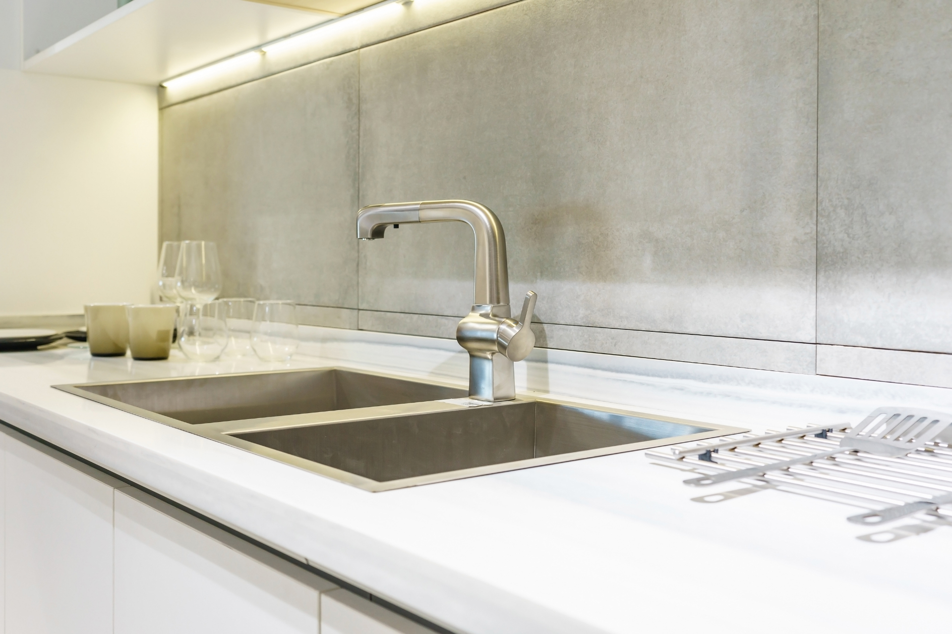 A double-bowl kitchen sink