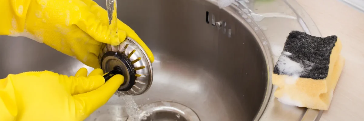 A person cleans a smelly kitchen sink drain with dish soap and hot water