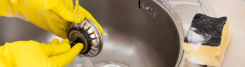 A person cleans a smelly kitchen sink drain with dish soap and hot water