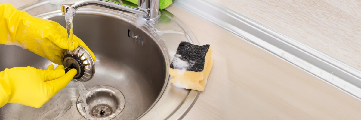 A person cleans a smelly kitchen sink drain with dish soap and hot water