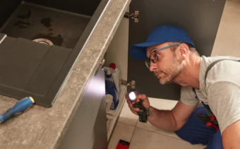 Technician kneeling beside an open kitchen sink cabinet, using a flashlight to inspect plumbing while tools and a toolbox sit nearby