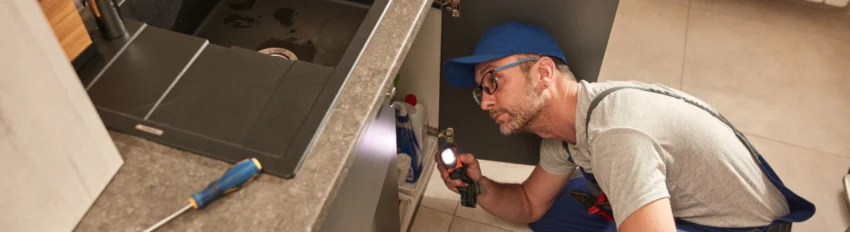 Technician kneeling beside an open kitchen sink cabinet, using a flashlight to inspect plumbing while tools and a toolbox sit nearby