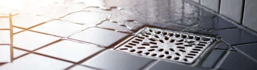 A close-up of water flowing toward a square stainless steel point drain set in dark grey shower floor tiles