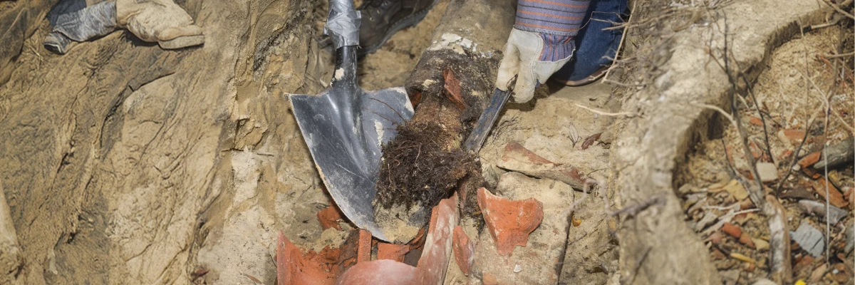 Close-up of a worker in gloves using a shovel and pry bar to remove a clump of roots and broken clay pieces from a dug-up sewer line trench